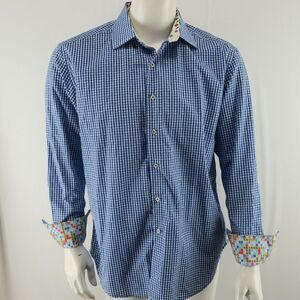 Robert Graham Flip‎ Cuff Button Up Shirt Mens Large Scrabble Cuffs Blue